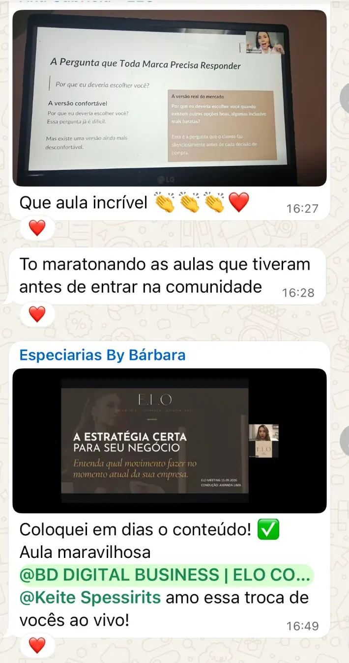 Mensagens reais de MEMBRAS sobre as aulas e conteúdos da ELO